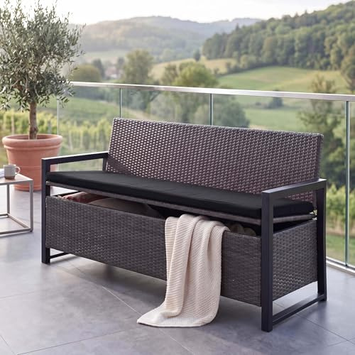 Mendler Poly-Rattan 3er Sitzbank HWC-F39 - grau, Kissen schwarz | Gartenbank, Truhenbank, Staufach, Aufbewahrung, Sitzkissen