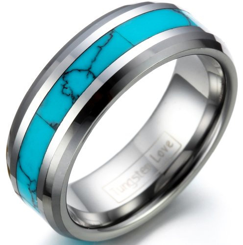 JewelryWe Ringe Herren Wolfram Türkis: 8mm Breite Wolframcarbid Herren-Ring Synthetische Türkis Inlay Bandring Eheringe Verlobungsringe Hochzeit Band Ring mit Gravur Grün Silber Größe 53