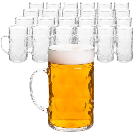 bar@drinkstuff Plastic Beer Stein – German-Style 2-Pint (1 L) Polystyrene Tankard Mug with Handle – Reusable, Rigid, Dimpled Finish – Ideal for Festivals, Outdoor Events & Bars (24)
