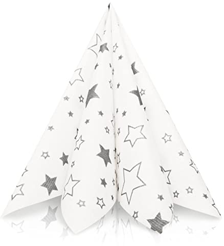 GRUBly® Airlaid Serviette Sterne in Silber, 40 x 40 cm, 1/4 Falz, 50 Stück, elegante Weihnachtsservietten mit silbernen Sternmotiven
