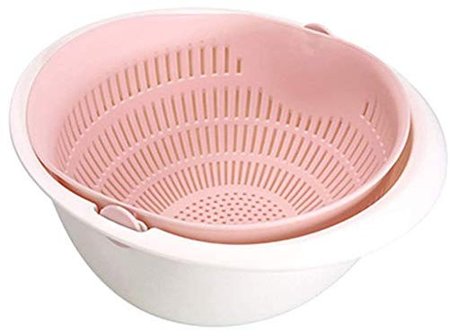 Kitchen Strainer Colander Bowl Set Plastic 2-in-1 Multifunction Drain Basin and Basket for Fruits Vegetable Cleaning Washing Mixing (Pink)
