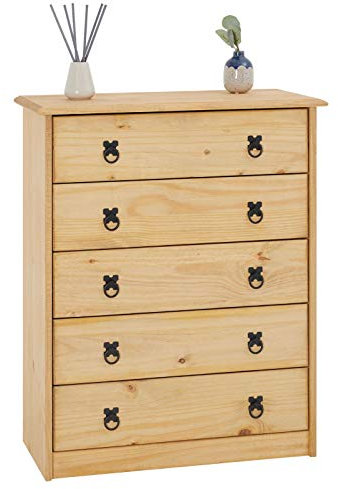 CARO-Möbel Kommode Barrio mit 5 Schubladen I Sideboard aus massiver Kiefer I gebeizter und gewachster Schubladenschrank I Anrichte im Mexiko Stil