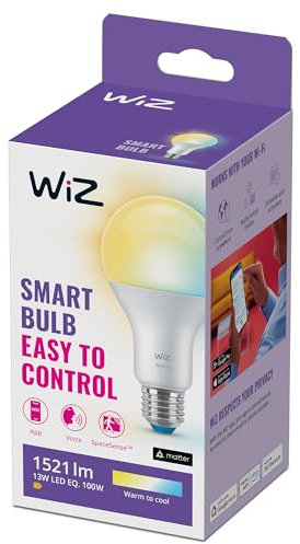 WiZ Lampadina Smart WiFi, Luce Bianca da Calda a Fredda Dimmerabile, E27, 100W, Tecnologia SpaceSense, Controllo Vocale (Alexa, Apple HomeKit, Google Home)