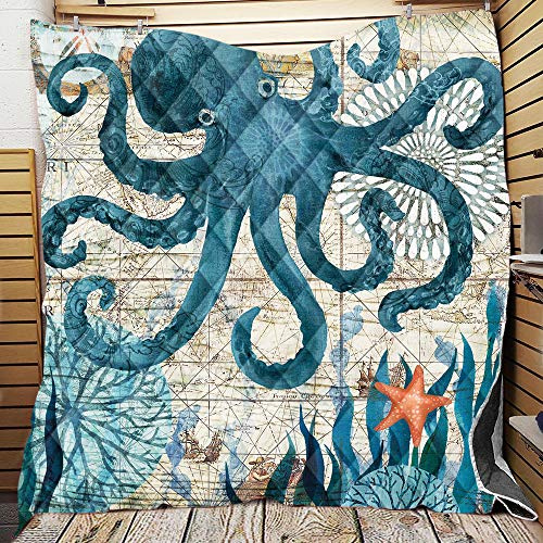 Meiju-shop Mateju Tagesdecke Bettüberwurf mit Retro Blauer Tierdruck, Schlafzimmer Wohndecke weich und hautfreundlich, Bettdecke aus Mikrofaser, Stepp Decke für Bett (Tintenfisch,150 * 200cm)