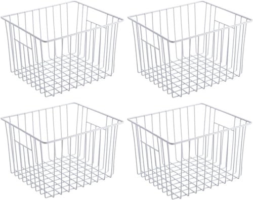 SANNO Freezer Wire Storage Organizer Basket, Refrigerator Storage Baskets Bins Organizer with Built-in Handles for Cabinets, Pantry, Closets, Bedrooms 4 Pack 11x10x 7 White