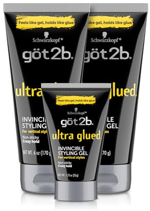 got2b Ultra Glued Invincible Styling Gel Set, 6 Fl Oz (2-Tube) + 1.25 Fl Oz Travel Size, Hair Gel for Men and Women with Extra Strong Hold, Non-Sticky, No-Flake Formula for Vertical Styles