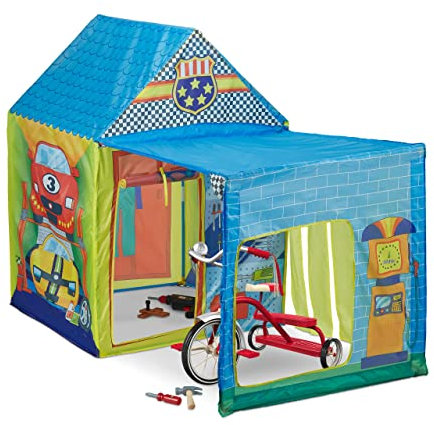 Relaxdays Spielzelt Autowerkstatt, mit Anbau, Kinderzelt groß, drinnen & draußen, Krabbelzelt, HBT: 109x146x75 cm, bunt, Blau, Grün, Gelb