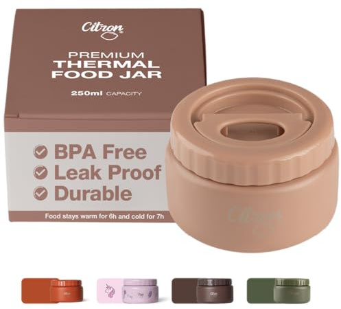 Citron Insulated Food Jars, 250ml – Easy Lock & Vacuum Seal Leak-Proof Lid, Keeps Food Warm for 6 Hours & Chilled for 7 Hours – BPA & Lead-Free, Adult & Kids Food Flasks for Hot Food and Cold Food