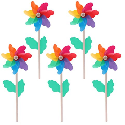 Toyvian 5pcs Rainbow Pinwheels for Yard and Garden - 4.7 inch Wooden DIY Windmill Crafts Colorful Wind Pinwheels for Outdoor Garden Lawn Yard Patio Decor Kids Party Favors