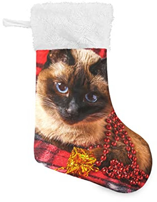 Mnsruu Weihnachtsstrümpfe, 45,7 cm Jute mit Plüsch-Kunstfell-Manschette, Strümpfe, Siamesische thailändische Katze auf rot kariert, mit Weihnachtsspielzeug (2) Familienurlaub Xmas Party Dekorationen