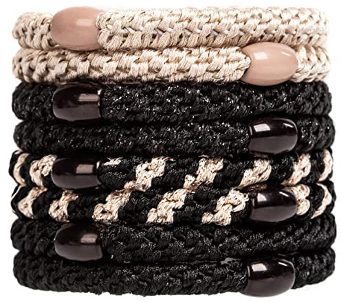 AXEN 8PCS Elastic Hair Tie for Women Girls, Cotton Bands Soft Woven Ponytail Holders for Thick Hair and Curly Hair, Black Series