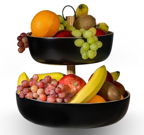 Tiali Obst Etagere 2 Etagen Bambus - Holz für Extra Viel Stauraum - Obstkorb Schwarz aus Natürlichem Bambus für Frisches Obst - Moderne Obstschale