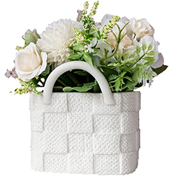 Bag Vase Ceramic with Handle Esmiome - Purse Vase for Flowers Cool Fun Funky Dull Grid Polish Unique Small Flower Vases for Decor Home Fireplace Bedroom Kitchen Centerpieces Wedding, White