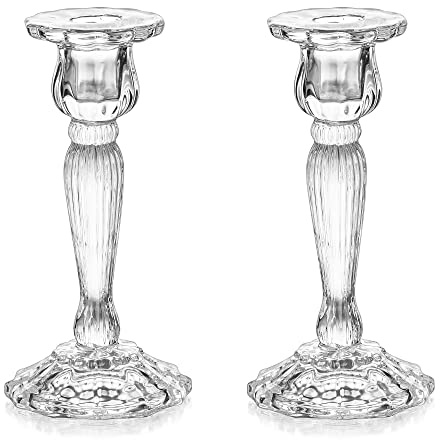 Romadedi Kristall Kerzenständer Stabkerzen Hoch - Set of 2 Kerzenhalter Glas Elegant für Stabkerze Kerzen für Hochzeit Tischdeko Weihnachten Advent Wohnzimmer Vintage Deko, Transparent