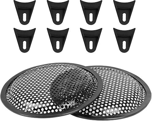 Unifizz Lot de 2 grilles de protection gaufrées en métal pour haut-parleur de caisson de basses, caisson de basses, avec bord en caoutchouc et clips, 30,5 cm, noir
