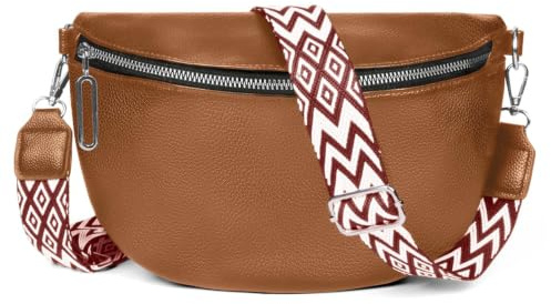 HLEIUKT Umhängetasche Damen Groß, Crossbody Bag Damen Breiter Gurt, Bauchtasche Damen Stylisch Leder Wasserabweisend, Elegante Moderne Taschen mit Abnehmbarem Schultergurt (Braun)