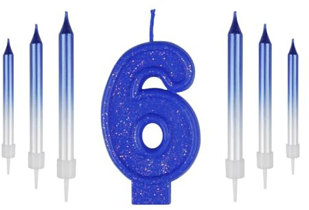 ZHIHUI 7 Stück Zahlen-Geburtstagskerzen, Blaue Zahl 6-Kuchenaufsatz, 6. Geburtstagskerzen, Blaue Metallisch Glänzende Zahlen-Alles Gute zum Geburtstag-Kuchenkerzen für Geburtstagsfeier, Hochzeitstag