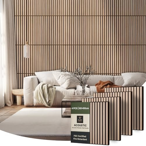 CLICK-DECK Wooden Wall Panels | Premium Acoustic Wall Panels | Slat Wall Panelling | Sound Absorbing | Fire Retardant & FSC Certified | Wood Panels For Walls | Pack of 4 Panels - 60x60cm (Natural Oak)