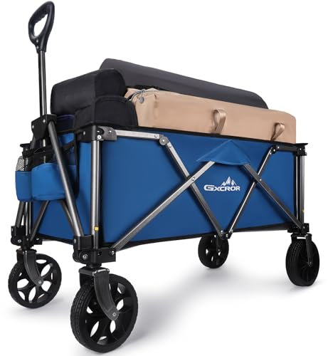 Festival Camping Trolley Cart, Heavy Duty Folding Beach Wagon 100KG Capacity Collapsible All Terrain Utility Wagon for Picnic Garden Shopping Outdoor, Blue