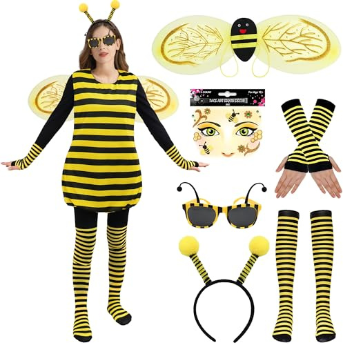 Firecos Disfraz de Abeja Adulto 6 Piezas Disfraz de Animal para Mujeres Accesorios con Alas Antena Diadema Gafas de Sol Guantes Calcetines para Carnaval Fiesta