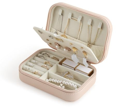 CASEGRACE Reise-Schmucketui, doppellagig, Reise-Schmuck-Organizer für Halsketten, Ohrringe, Ringe, Schmuckvitrine für Damen, Rosa