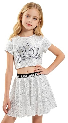LOLANTA Danskläder för flickor, glittrig jazz hiphop-danskläder, magtröja med kjol 5-12 år, SILVER, 10-11 Years