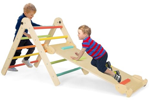 DREAMADE Montessori Klettergerüst Indoor, Holzdreieck Kletterspielzeug aus Holz, Kletterdreieck mit 2-seitiger Rutsche zum Rutschen und Klettern für Kinder ab 3 Jahren (Bunt)