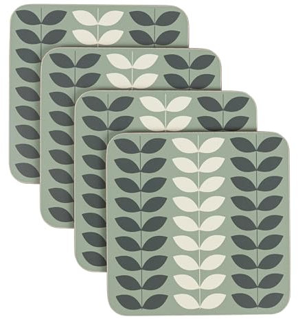LAGO TERRA Set of 4 Leaf Print Drinks Coasters in Gift Box, Patterned Retro, Vintage - Willow