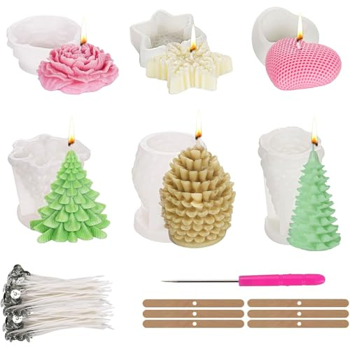 JOLY FANG Kerzenformen Silikon Zum Gießen, Kerzenform Selber Machen Set, Kerzen Formen Weihnachten, Silikonform Kerzenhalter DIY kerzengießformen Herstellung für Weihnachten Kerzen Deko 6 Stück