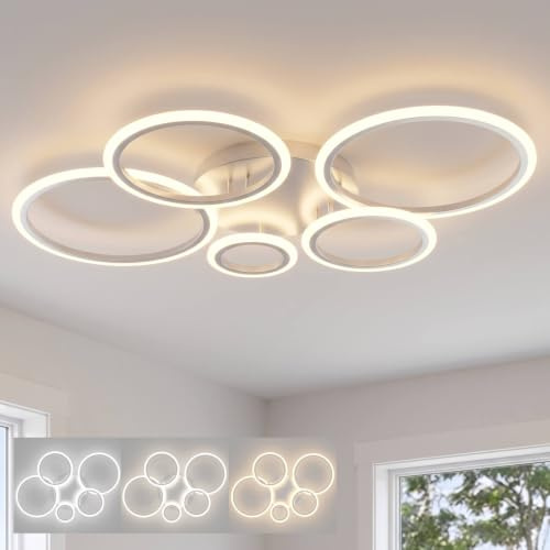 LJX Deckenlampe LED Design, Weiß 5 Ring Deckenleuchte mit Fernbedienung, 100cm Dimmbar Wohnzimmerlampe für Schlafzimmer Wohnzimmer Küche, 120W