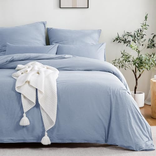 ATsense Bettwäsche 135x200 Baumwolle 2teilig, Stonewashed Bettwäsche-Sets Himmelblau Ähnlich wie Leinen, Oeko-TEX, Hypoallergen und Atmungsaktiv, 1 Bettbezug und 1 Kissenbezug 80x80