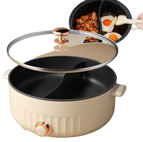Marmite électrique 5L/6L Poêle double face, marmite électrique antiadhésive avec séparateur, multicuiseurs électriques avec vitesses réglables pour frire, mijoter, bouillir et facile à utiliser, 6L