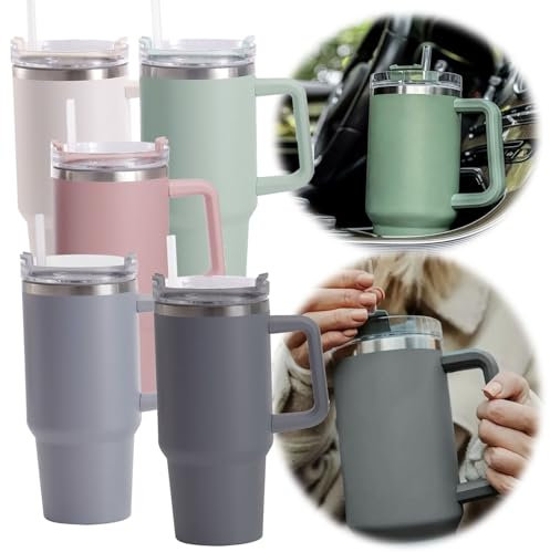 LS-LebenStil XL Edelstahl Trinkbecher Grün 1200ml mit Griff Strohhalm Trinkhalm Vakuum Kaffeebecher Coffee to Go Doppelwandig Autobecher Tumbler Thermobecher Isolierbecher 1,2 Liter