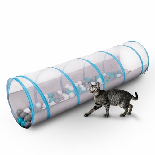 Petsona Falttunnel Für Haustiere Katzentunnel Für Katzen Hunde Mit 100 Bälle Leicht Tragbar Für Innen Und Außenbereich Einfach Zu Reinigen, Grau-Blau:Grau/Weiß/Türkis