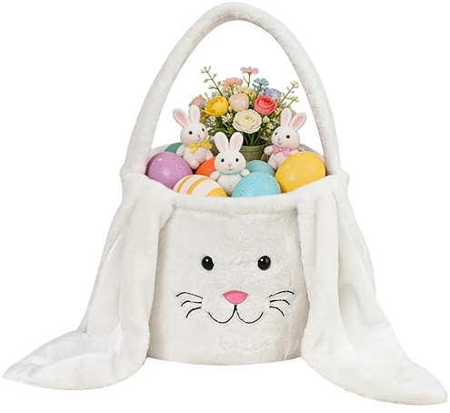 KEGOZ Plush Easter Basket, Bunny Easter Buckets, Easter Gift Bags & Tote Bags for Kids Presents Easter Egg Decorations Candy (White)
