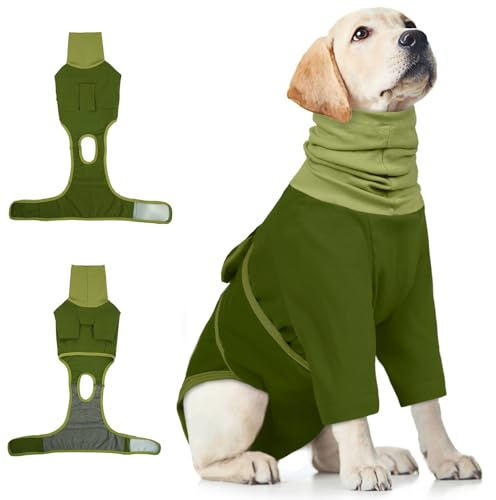 Hjumarayan Combinaison Chien Post opération, Coton Doux Protection du Cou et des Oreilles, Body Chien Post Operatoire Body Apaisant avec Manches Snood, Vert XXL