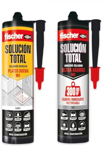fischer - Pack Solución Total Ultra Agarre Gris + Solución Total Plato de Ducha Blanco | Sellante Flexible y Resistente para Juntas, Ventanas y Baños | 290ml | Gris y Blanco