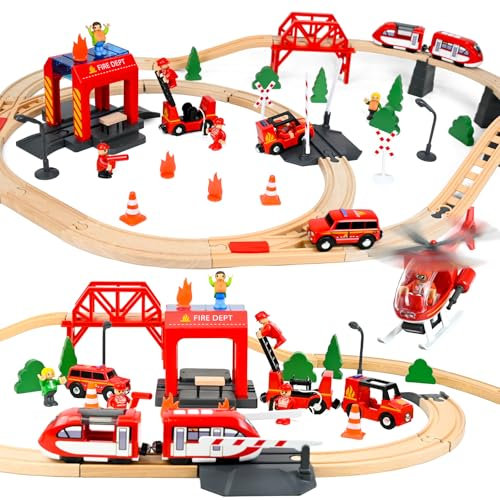 Joellfuner Holzeisenbahn Set Kinder, 69 Stück Holzeisenbahn Schienen und Zugspielzeug, Holzzug Spielzeug mit Elektrische Lok, Rettungsflugzeuge und Feuerwehr, Spielzeugeisenbahn Set für Kinder ab 3