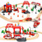 Joellfuner Juego de Tren de Madera para Niños, 69 Piezas, Pistas de Tren Madera + Tren Eléctrico + Coche de Bomberos + un Equipo de Rescate, Tren Juguetes Regalos de Cumpleaños y Navidad