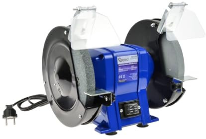 BSD Smerigliatrice da Banco Professionale 200 mm - Doppio Disco per Levigatura e Lucidatura, Motore da 350W, Base Antiscivolo e Protezioni Regolabili.