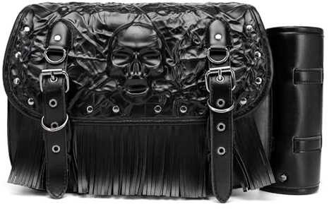 Motorrad Satteltasche PU Leder 3D Totenkopf-Design Vintage-Stil Wasserdicht mit Werkzeugrolle Universal Lenkertasche Roll Satteltaschen mit Schloss