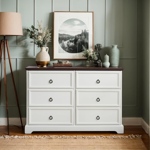 KavlSean 31.5 H Farmhouse 6 Drawers Dresser with Sliding Barn Door, Wooden Rustic Wide Chest of Drawers with Metal Handle and Storage Dressers Organizer for Entryway,Living Room, Hallway (White)