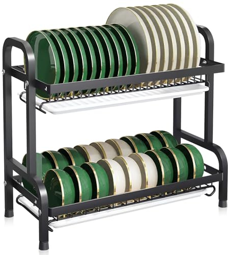 Suimlmta Dish Drainer Rack 2 Tier Dish Drying Rack with Drip Tray Space- Saving Metal Draining Board Rack for Kitchen Counter, Black
