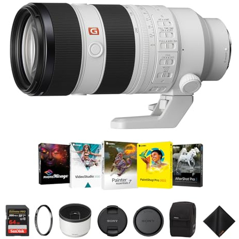 Sony FE Objectif 70-200 mm f/2.8 GM OSS II pour monture E – Objectif professionnel plein cadre avec filtre de protection UV 77 mm, carte mémoire Extreme Pro 64 Go, kit logiciel Corel et chiffon de