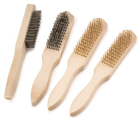 SI FANG Lot de 4 brosses métalliques manuelles en acier avec manche en bois, 2 brosses en laiton, 2 brosses en acier inoxydable, pour pièces en bois, métal, barbecue, nettoyage, soudage, scories et