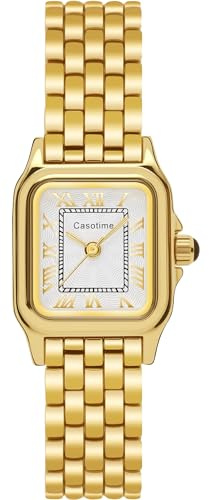 Casotime Women's Gold Watch, Vintage Rectangular Case Reloj para Mujer with Roman Numeral Dial, Small Bracelet Band, Water Resistant, Includes Adjustment Tool