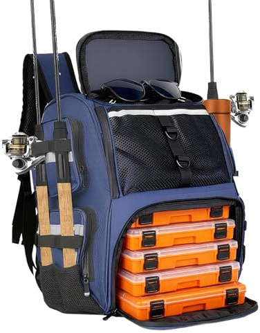 TURAND 45L Fishing Tackle Backpack with Rod Holders, Waterproof Large Fishing Back Pack Storage Bags & Wraps Gear And Equipment for Men for Camping Hiking, Bottle Holder