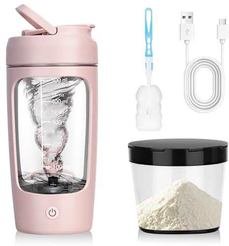 TAVADA Mezclador de proteinas eléctrica 650ML,Protein Shaker Bottle Electric con Recipiente para Polvos y Cepillo,Recargable USB-C,para Batidos de Proteínas y Malteadas Cremosas,Libre de BPA,Rosa