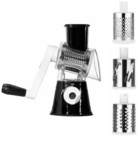 Fognill Cheese Grater Rotary Shredder - Kitchen Hand Crank Grinder with 3 Interchangeable Blades, Efficient Rotary Shredder for Cheese Vegetables Nuts, Safe Food Processor for Home Kitchen (Black)