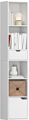 HOMCOM 6-Tier Bookcase SlimDrawer Door 30 x 24 x 158 cm White | Tall Narrow Bookshelf, Adjustable Shelf, Modern Display Standing Shelving Unit, for Living Room, Home Office, Bedroom